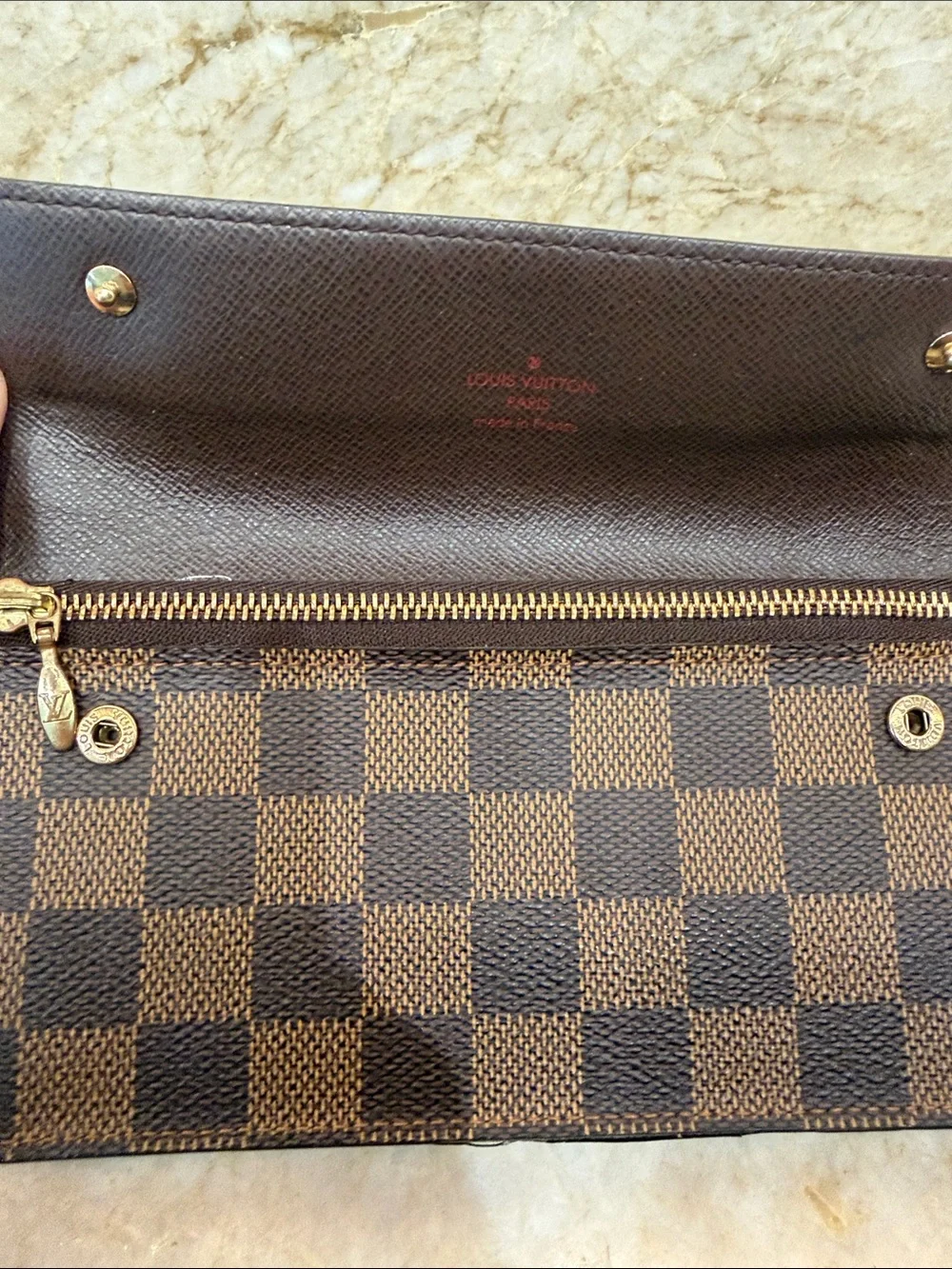 Louis Vuitton Brown Damier Ebene Check Fold-Over Wallet with Gold Hardware